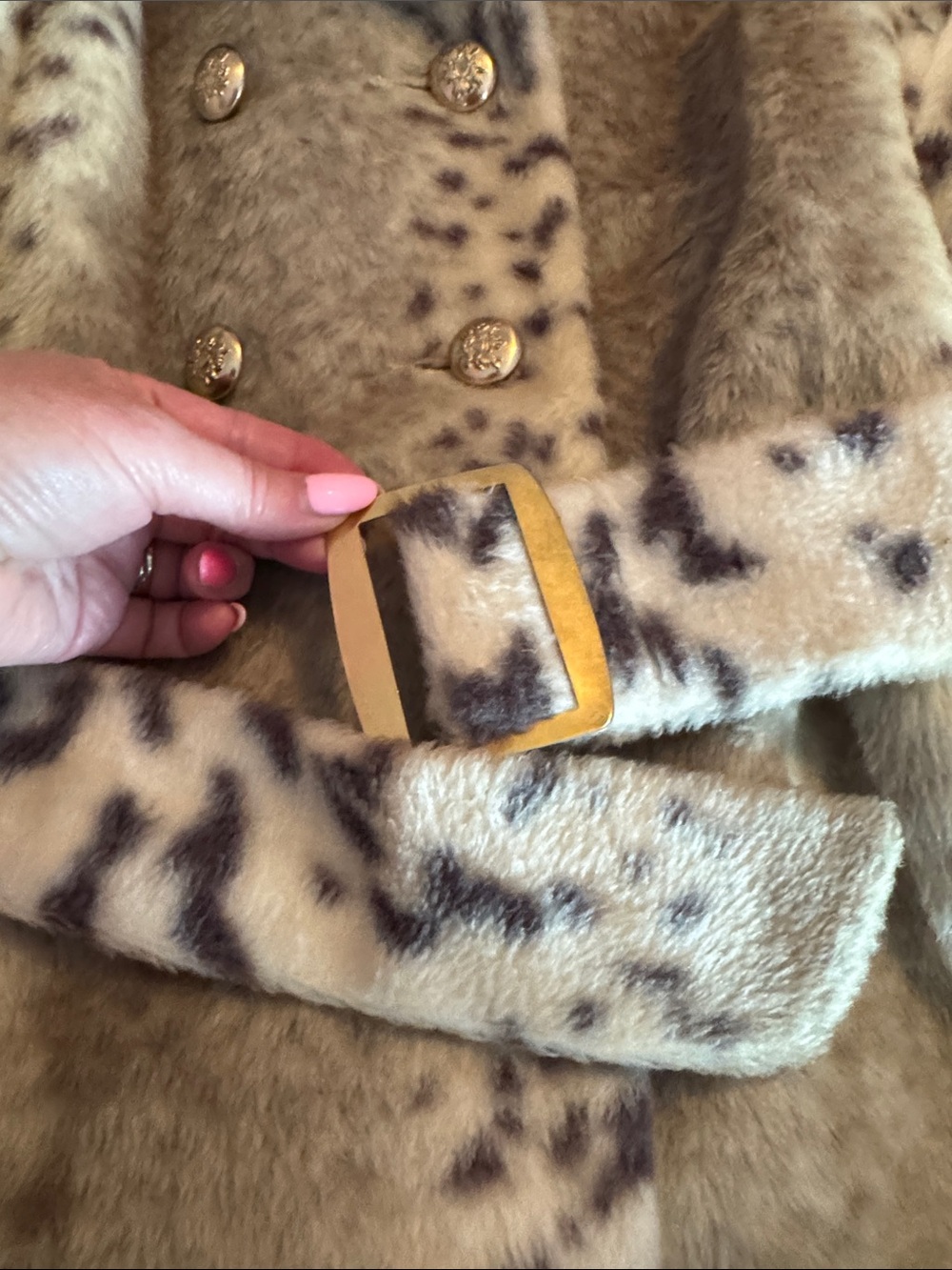 Leopard-Print Faux Fur Belted Pea Coat with Black Trim - Picture 4 of 10